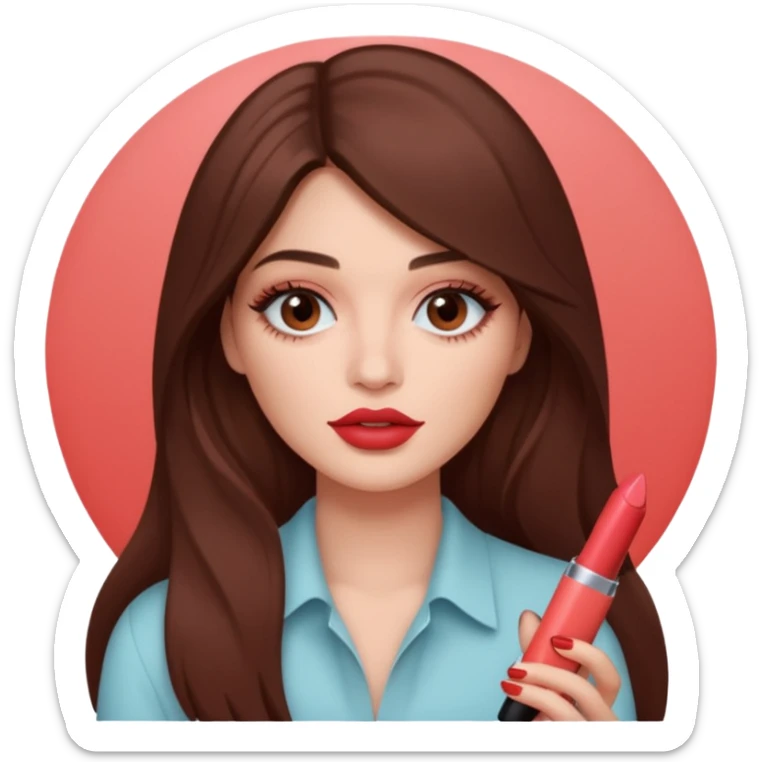 Con el cabello castaño más largo y ojos fajes claro sosteniendo un labial de kylie jenner sticker