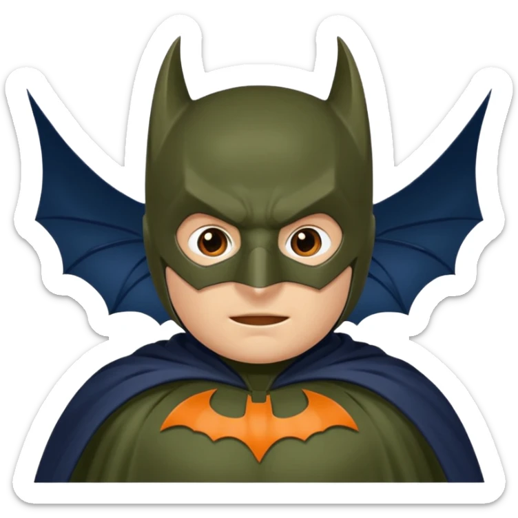 generate a batman emoji with just the face and neck showing and part of the cloak and and wings. Shade the bat logo on the chest in a bright  olive green. Shade the mask in dark navy blue.  Shade the cloak in a solid vibrant orange.  sticker
