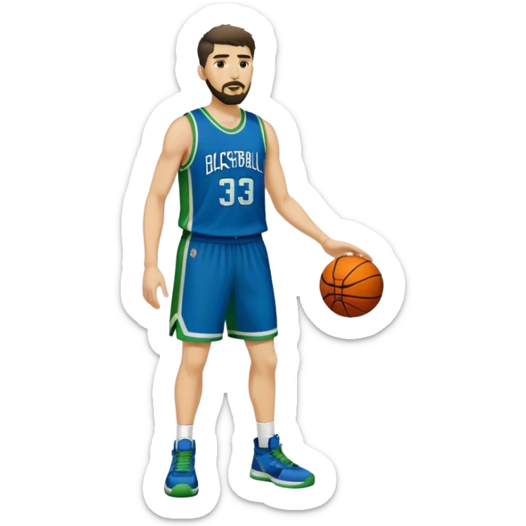 Full Body  white male basketball player with short dark shaggy hair and goatee beard wearing blue and green uniform sticker