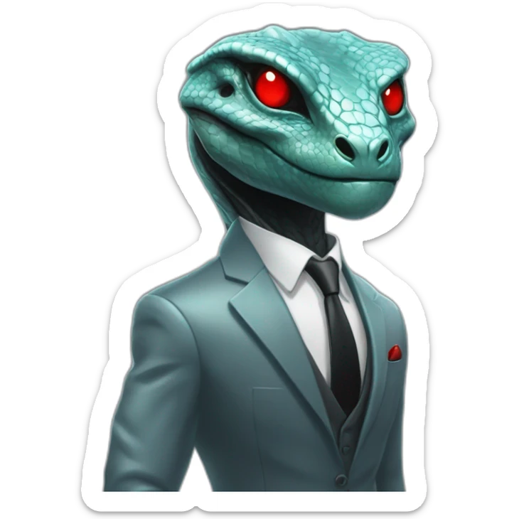 Aquamarine reptilian in classic black suite with red laser eyes on the middle of platinum coin sticker