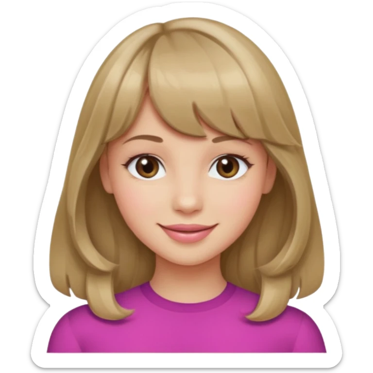 A girl with wavy, dark blonde hair, straight bangs, and straight eyes. She is smiling. sticker