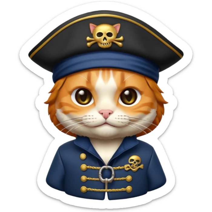 Premium 3D emoji icon of a cute ginger cat pirate, wearing a **deep navy blue** velvet pirate hat with a silver skull icon, and a black and gold captain's jacket. Glossy finish, claymorphism style, soft studio lighting, isolated on white background, 8k resolution, stylized professional look --v 6.0 sticker