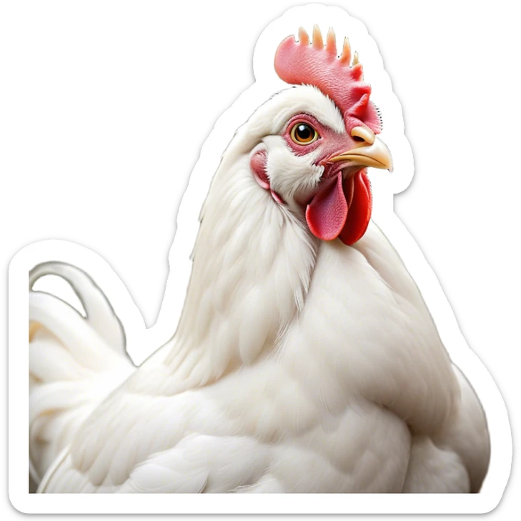 Cinematic Noble White Chicken Portrait Emoji, Poised and regal, with a compact, sturdy build and a pristine, well-groomed pure white plumage, deep-set soulful beady eyes, Simplified yet sharp and sophisticated features, highly detailed, glowing with a soft, dignified glow, high shine, intelligent and alert, stylized with an air of barnyard elegance, focused and attentive, soft glowing outline, capturing the essence of a watchful and confident fowl, so majestic it feels as though it could strut out of the screen with effortless authority! sticker