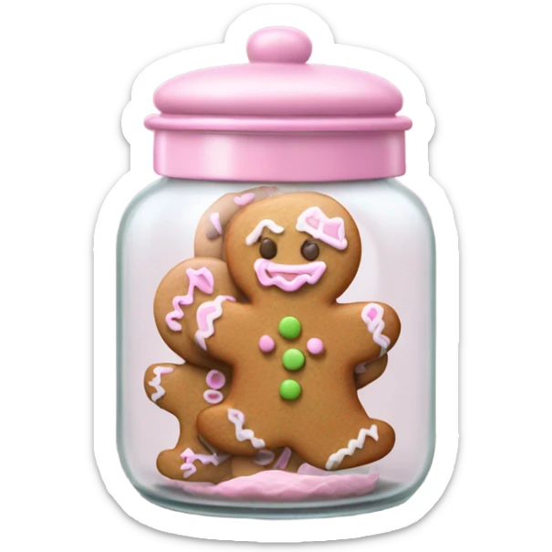 Realistic glass cookie jar with light pink lid full of gingerbread cookies isolated.  sticker