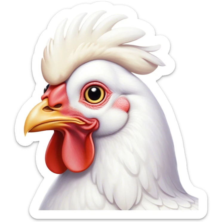 Cinematic Noble White Chicken Portrait Emoji, Poised and regal, with a compact, sturdy build and a pristine, well-groomed pure white plumage, deep-set soulful beady eyes, Simplified yet sharp and sophisticated features, highly detailed, glowing with a soft, dignified glow, high shine, intelligent and alert, stylized with an air of barnyard elegance, focused and attentive, soft glowing outline, capturing the essence of a watchful and confident fowl, so majestic it feels as though it could strut out of the screen with effortless authority! sticker
