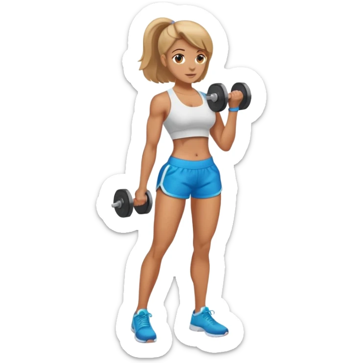 Make me an emoji of a woman in shorts with a dumbbell on her hip doing hip drops. sticker