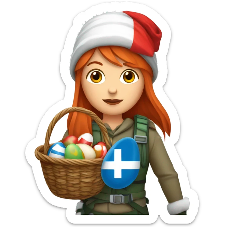 red hair female winter mountaineer with red Easter egg basket and Greek flag sticker