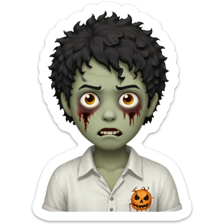 Boy, zombie, black hair, curly hair with white tips, shaggy, dark, spooky, creepy expression, white shirt sticker