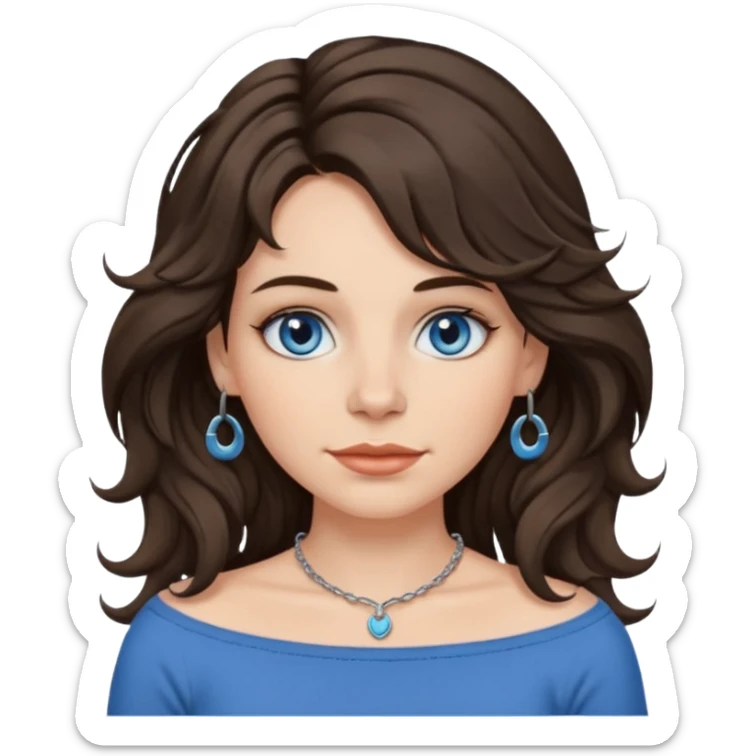 woman with long wavy shag haircut, brunette hair, blue-grey eyes, wearing a boatneck top, septum piercing, emoji style sticker