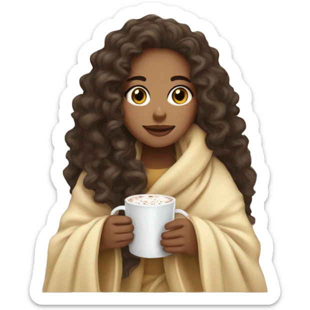 Light skin girl in blanket, drinking hot cocoa with curly hair long curly hair with her eyes closed in the blanket on top of her head sticker