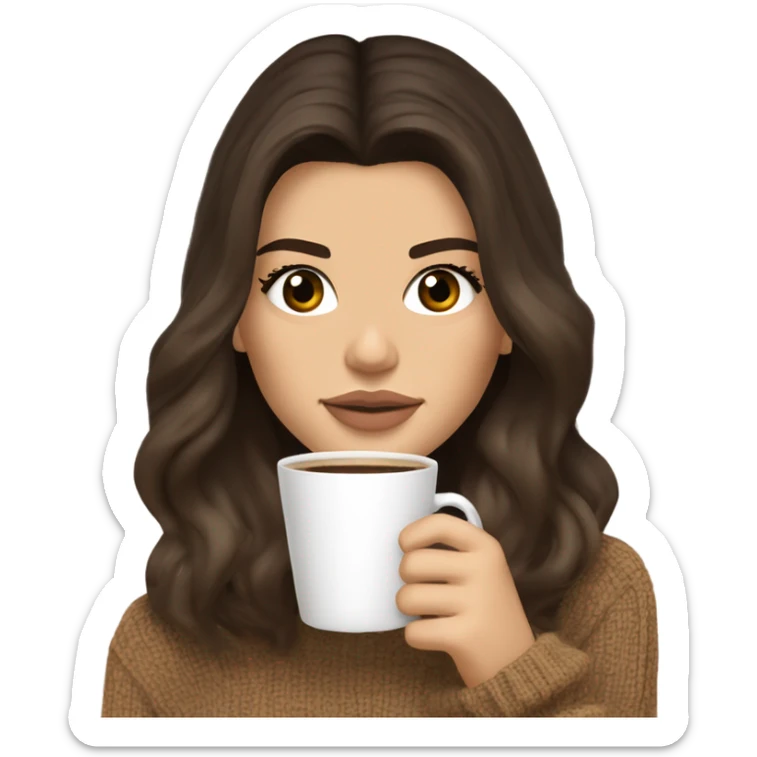 brunette Kendall Jenner with soft and long and Dark blonde hair her eyes brown and sipping coffee Her hair is wavy and shiny With brown sweater just one  sticker