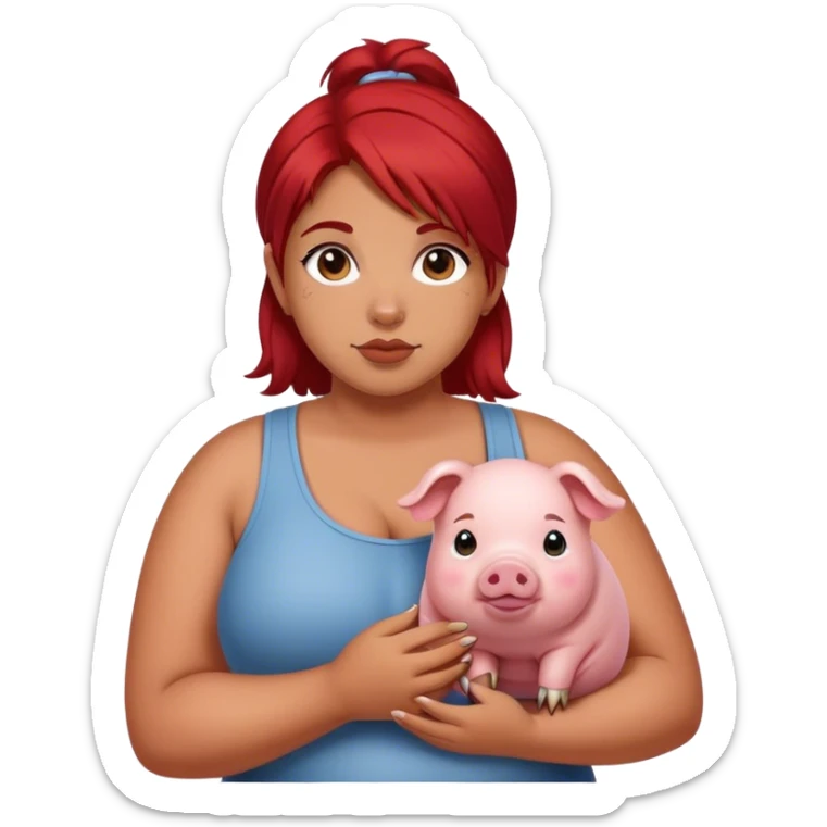 Thick girl with red and black split dye  red hair on left and black hair on right holding her pet pig sticker