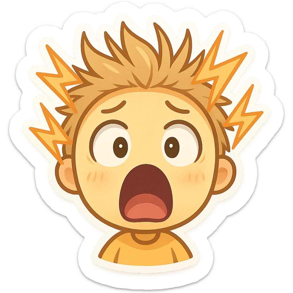 shocked emoji with hair standing on end and cartoon lightning bolts, chibi sticker style sticker