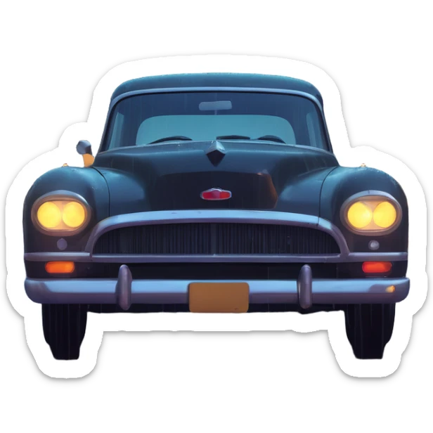 vintage car headlights illuminating rain-slicked urban street at night sticker