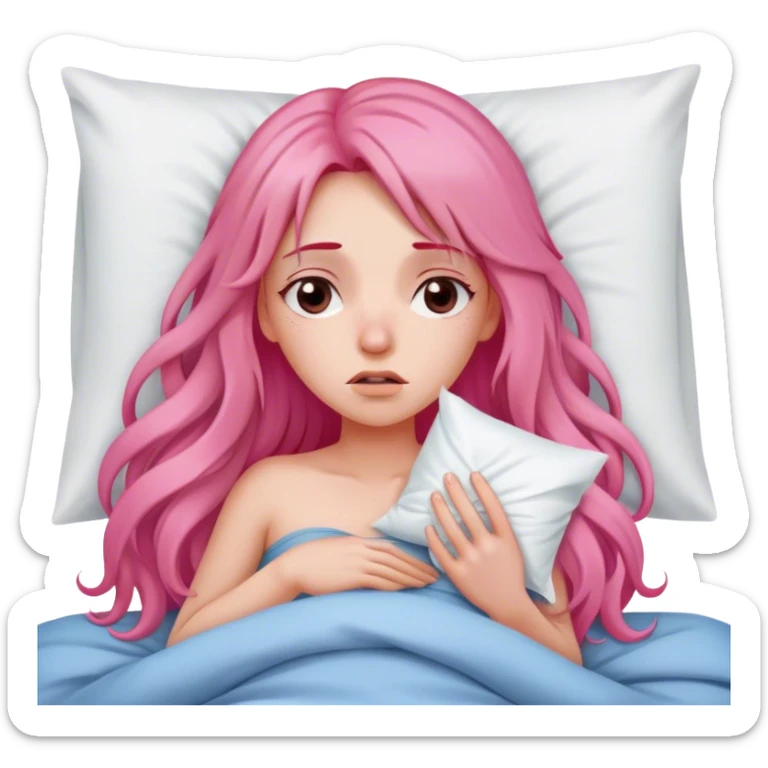 Young Woman with long pink hair In bed with sinus pain  sticker