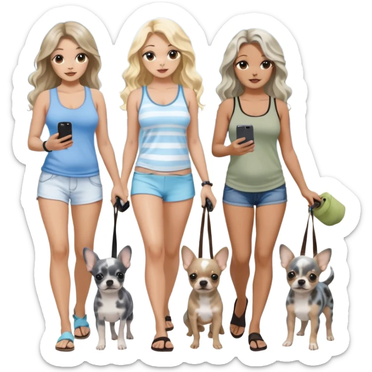 Three pretty women in beach clothes walking 2 dogs, blue and gray spotted Merle Frenchie and walking a black with tan chihuahua puppy, holding iPhone, hazel eyed light skin with dark blonde long hair and light light skin hazel eyed long wavy brown hair, blue eyed light skin long blonde hair  sticker