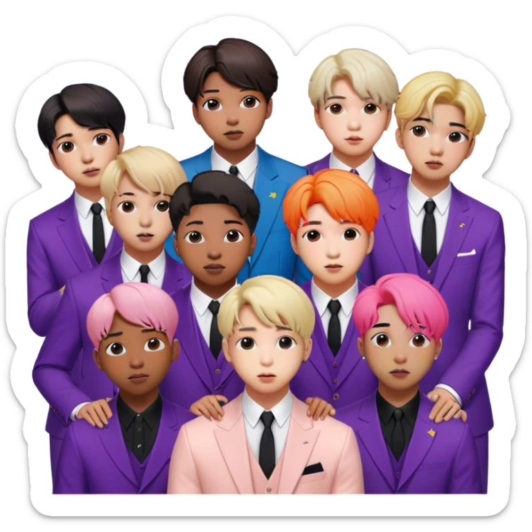 Cinematic Realistic group portrait of BTS featuring all 7 members in stylish modern attire, with detailed facial expressions and vibrant colors, captured in dynamic, contemporary lighting that emphasizes their global pop icon status sticker