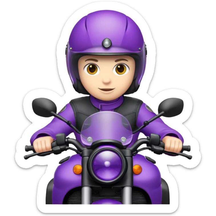 Créer un emoji avec une moto mt07 sport noir mate / violet iridescent très foncé, pare-brise de la moto violet. Avec une pilote dessus, visage complet caché  par la visière violette . Avec en arrière plan cercle violet. sticker