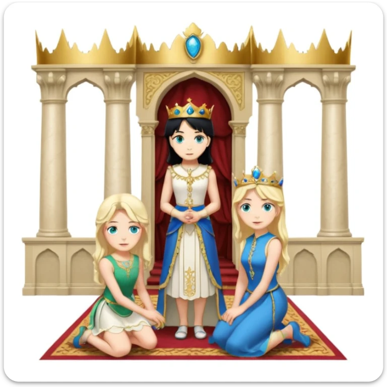 King, standing, black Hair, blue eyes, female servant, blonde, green eyes, shott white sleveless dress, kneeling, background palace sticker