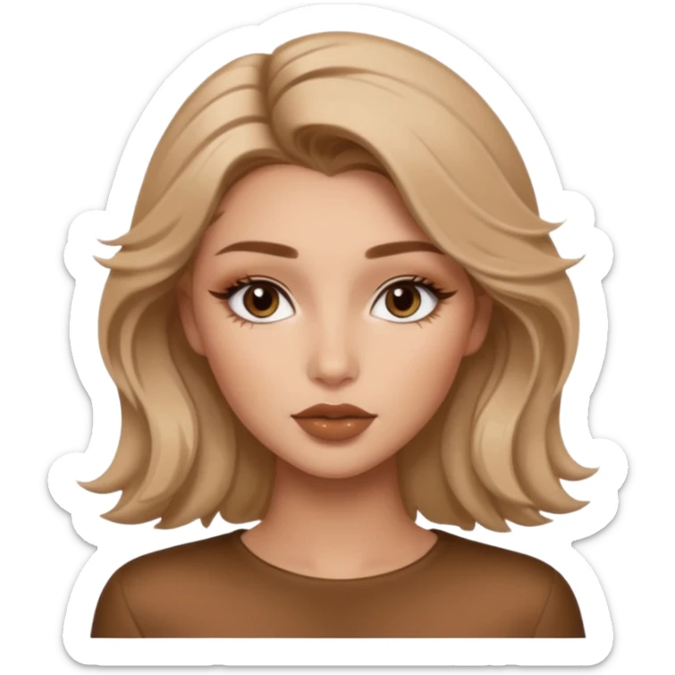 “A cozy, warm-toned emoji girl with soft bronzy eyeshadow, fluffy brows, caramel shimmer, glossy nude lips, light contour, and tousled hair — latte-inspired look.” like belle hadid sticker