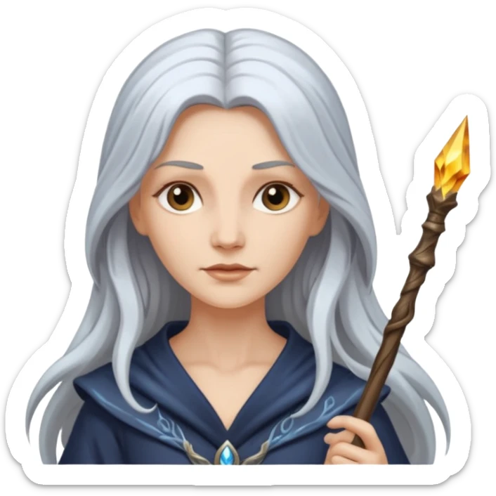 White silver Long Haired Women, Sorceress with staff — flowing white hair, calm face. sticker