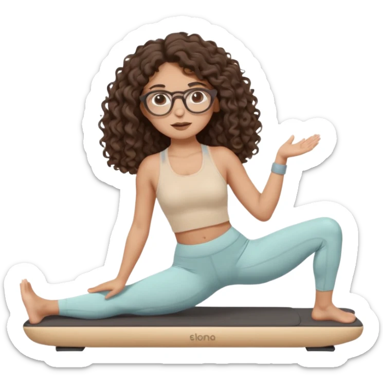 Memoji-stylegirl with long dark brown curly hair, round glasses, large brown eyes, soft rounded face, warm beige skin tone, wearing neutral Pilates activewear, calm wellness aesthetic, pastel colors, sticker-style digital illustration, smooth shading, white outline,reformer pilates doing. sticker