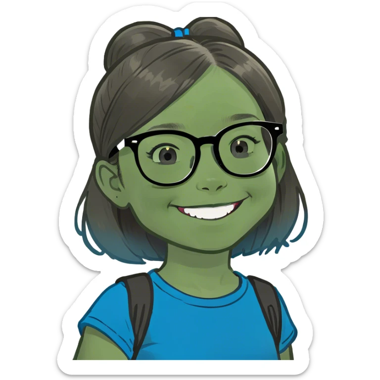 Little Girl, white skin, bronze hair smile tutor black frame glasses, bright blue t shirt sticker