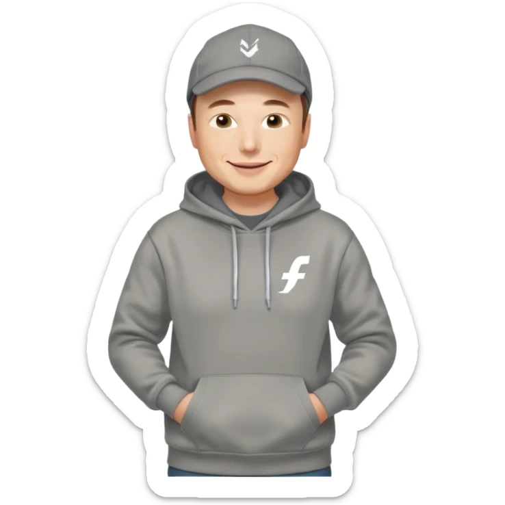 elon musk in gray hoodie full height, wear hoodie hat sticker
