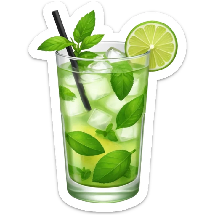 Make a mojito in she style of an emoji in a small glas with only one lime on top and one lime in the glas, not too much mint sticker