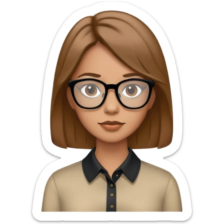 Female with medium length light brown hair wearing collar shirt and black glasses sticker