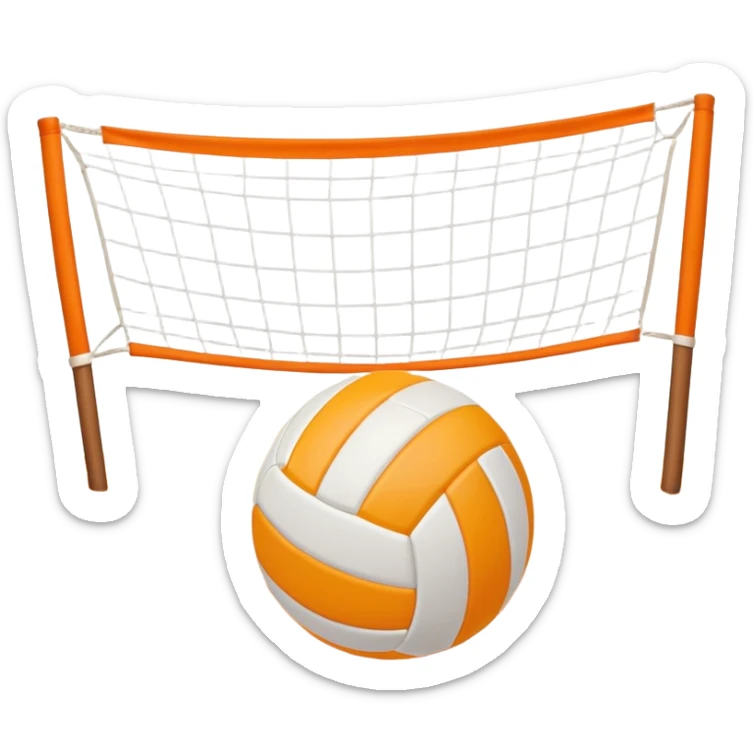 The scene captures an orange sand, sunny sea beach with clear blue sea and sky, palm trees swaying. A volleyball resting on the orange sand ground of a beach, with a volleyball net in the background.  sticker