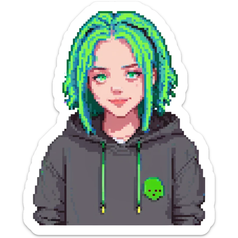 pixel art of Billie Eilish with neon green hair, hoodie, small smile, pop singer sticker
