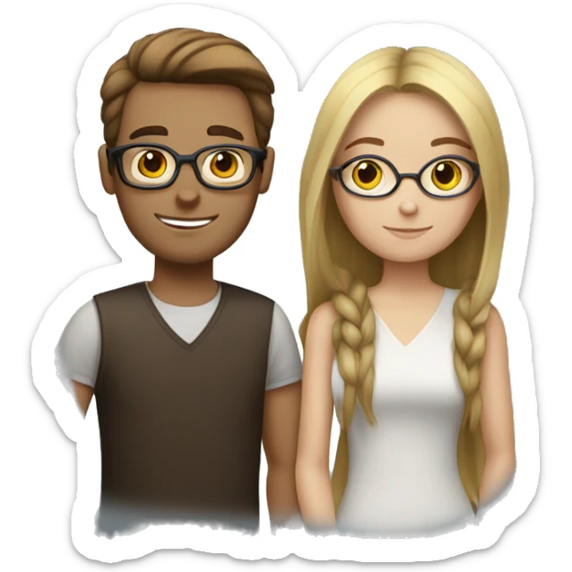 A brunette girl with brown straight hair with her blond white boyfriend and glasses sticker