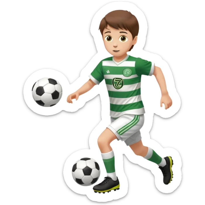 Celtic footballer jersey logo  6 years old brown hair white boy , brown eyes , stripes uniform , RUNNING  with soccer ball is number  17 celtic football logo  ONE CELTIC LOGO ONLY white shorts sticker