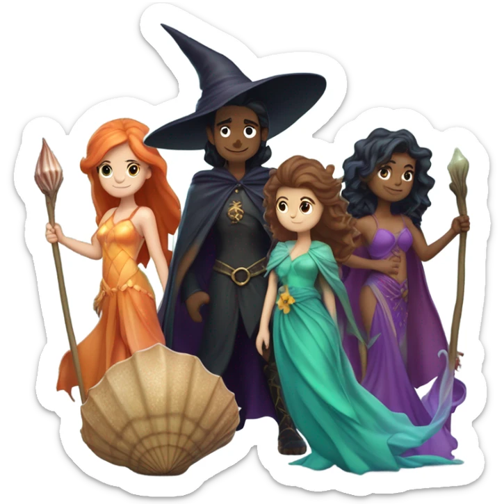 A group of 5 friends, consisting of a female witch, a female wizard, a male merman, a female fairy, and a female siren sticker