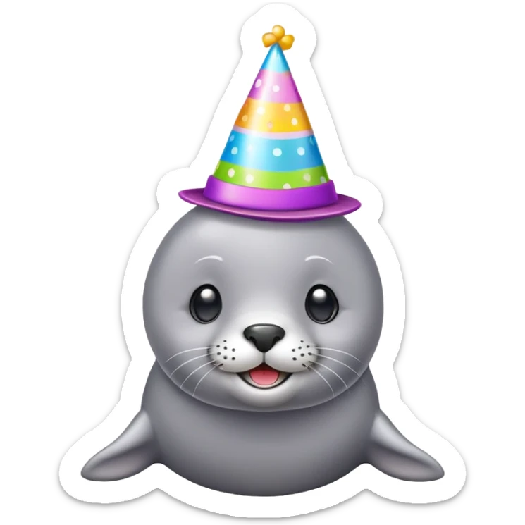 A cute gray seal with colorful birthday party hat, simple mobile emoji style sticker