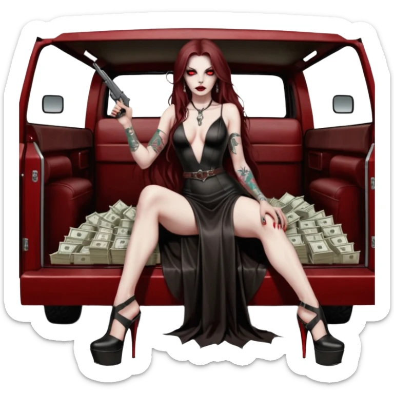 Lilith symbol red eye seductress evil long brown haired sexy succubus woman with leather long dress with slit, sitting in Big Large F350 pickup truck. Black Platform high heels on feet. Tattoo sleeve arms, seat full of stacks of cash, and a man dead human skull of her enemies and a gun in other hand sticker
