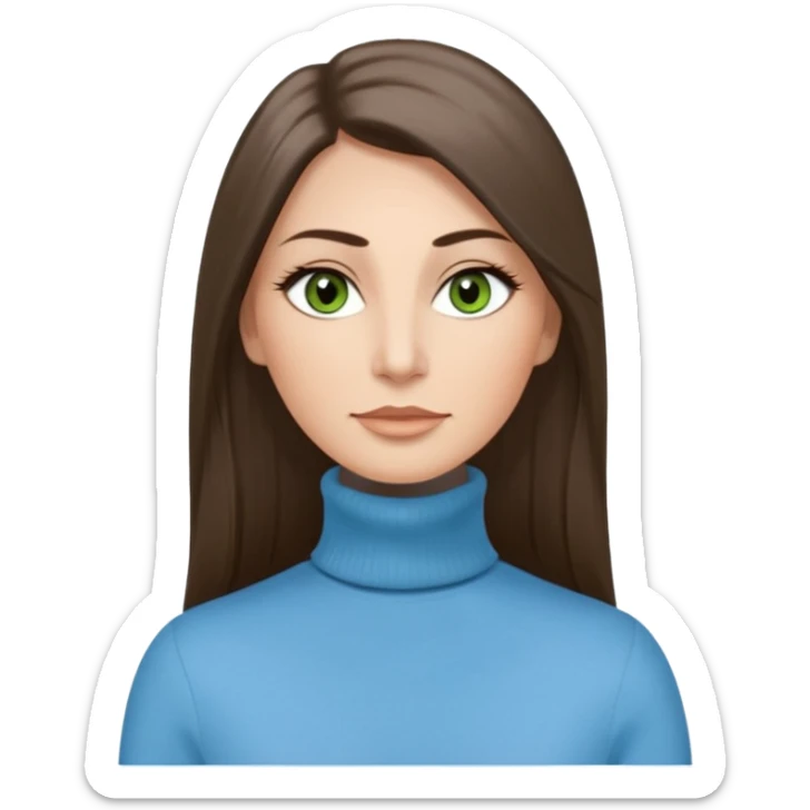 43 year old Adult woman avatar, light skin tone, long, oval face, long straight ashy brown hair, green almond-shaped eyes with dramatic eyelashes and minimal eyeliner, neutral mouth, medium straight eyebrows, average nose, smooth skin,  sky blue turtle neck  sticker