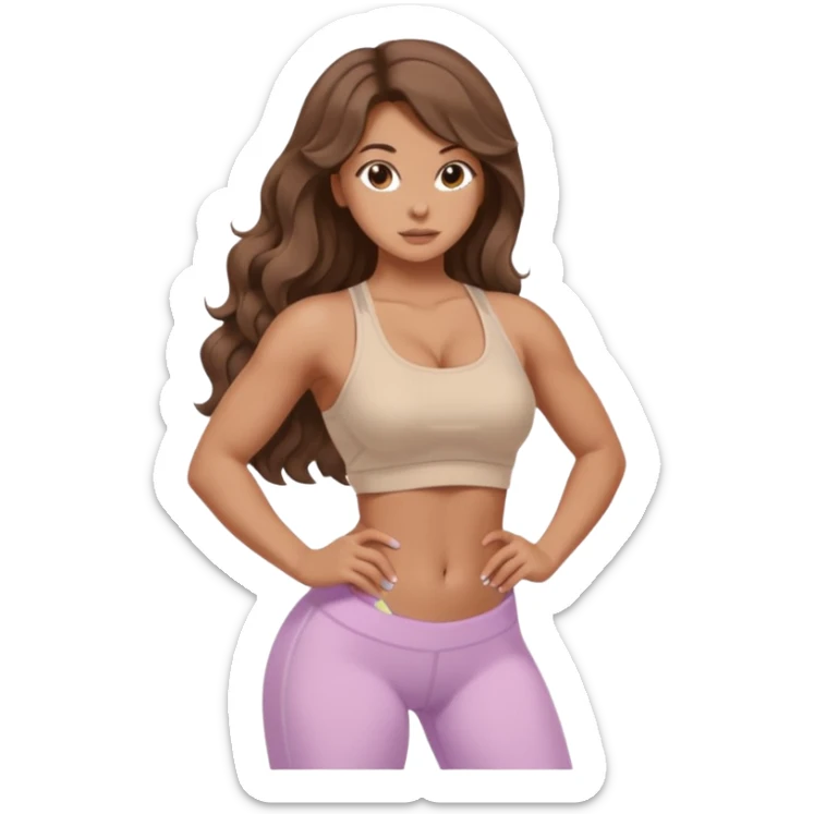 Create dream body girl with big glute and small waist and brown wavy long hair with pastel beige gym clothes  sticker