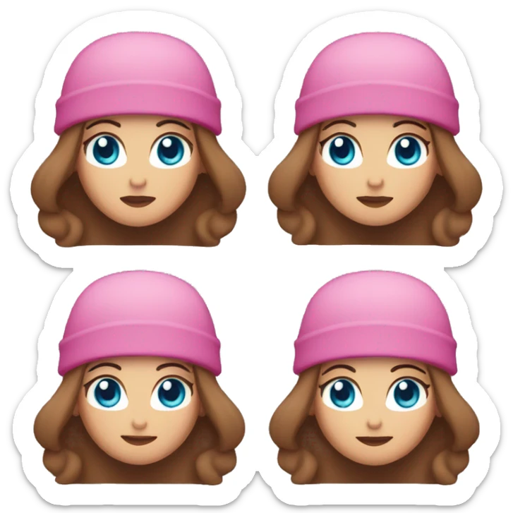 woman with blue eyes, long brown hair, and pink beanie sticker