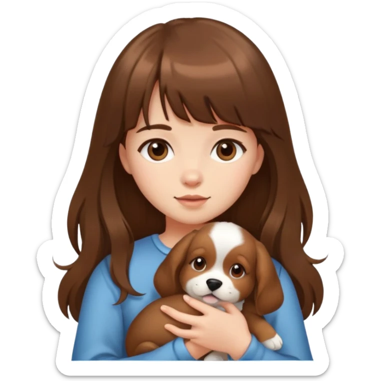 A girl with long brown hair and bangs holding a puppy sticker