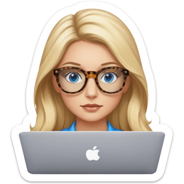  long blown out blonde hair woman blue eyes with tortoise shell print glasses on mac book  sticker
