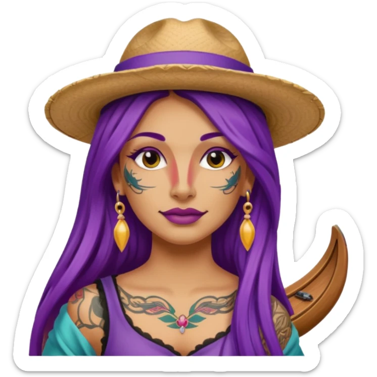 tattoed face venice gondolier with iconic hat woman purple long hair sticker