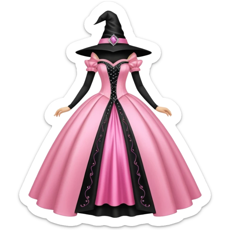 big pink sparkly princess style ball gown and next to it is a black witches hat sticker