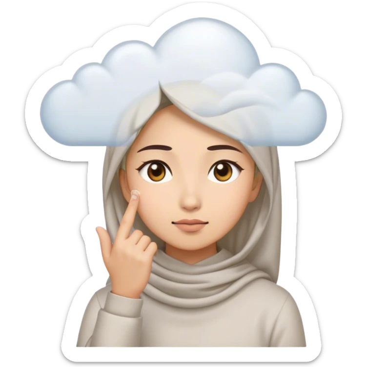 Model: Sticker.a white young asian Muslim woman are thinking something. Her eyes rolling to up right. Her hand touching face. There's emoji cloud to describe what she thinking about. sticker