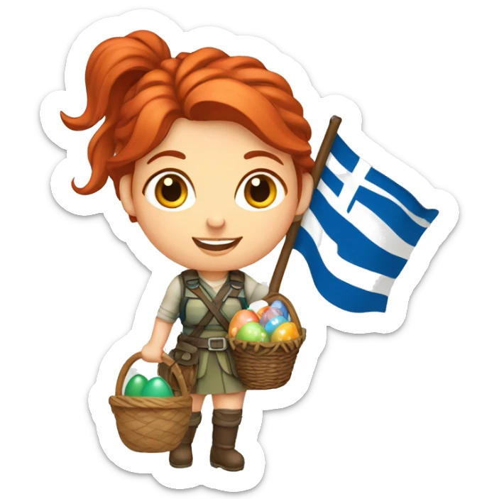 red hair female winter mountaineer with Greek flag and easter basket sticker