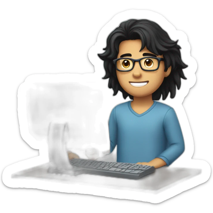 a young man with long black hair, with goatee, wearing glasses sitting with a computer, his arms up,cheering sticker