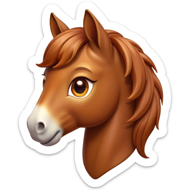 Cinematic Cute Chestnut Horse Portrait Emoji, Head tilted playfully and inquisitively, showcasing a glossy chestnut fur with a vibrant sheen and gentle, expressive amber eyes, Simplified yet irresistibly adorable features, highly detailed, glowing with a warm, friendly glow, high shine, affectionate and spirited, stylized with a touch of whimsy, bright and endearing, soft glowing outline, capturing the essence of a mischievous yet loving horse, so playful it feels like it could prance out of the screen and into your arms! sticker