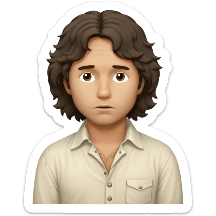 solarpunk realistic ultra HD - a thoughtful, messy, shaggy Jim Morrison in a ivory Victorian shirt in action sticker