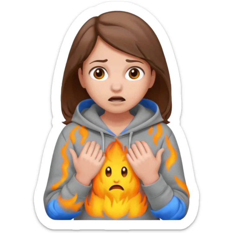 Chica grande  asustada de cuerpo completo con pelo castaño pantalones grises y hoodie gris  sticker